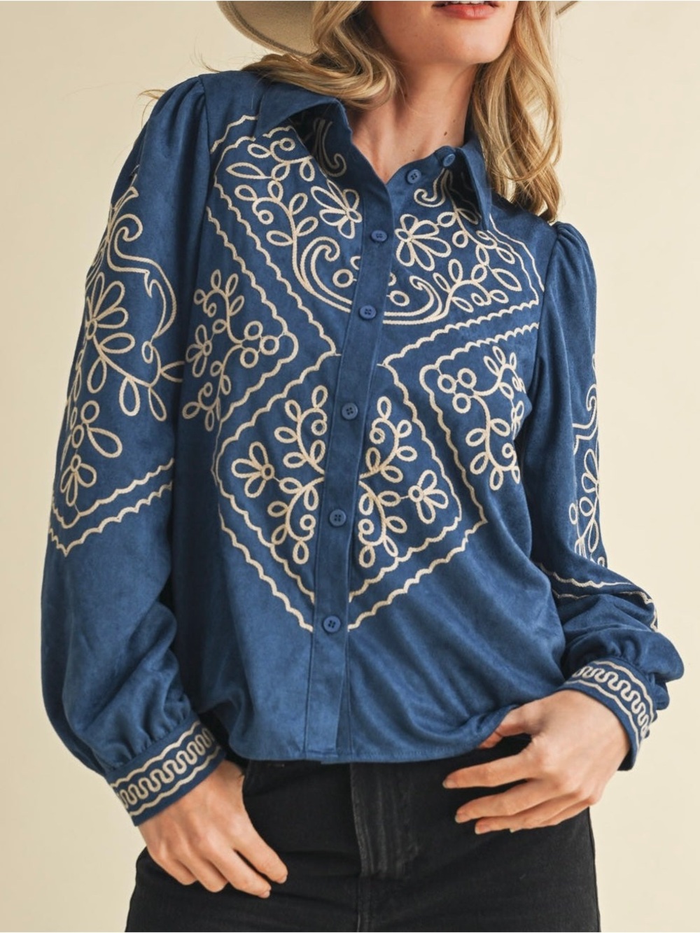 &merci Blue Embroidered Faux Suede Button-Down Shirt